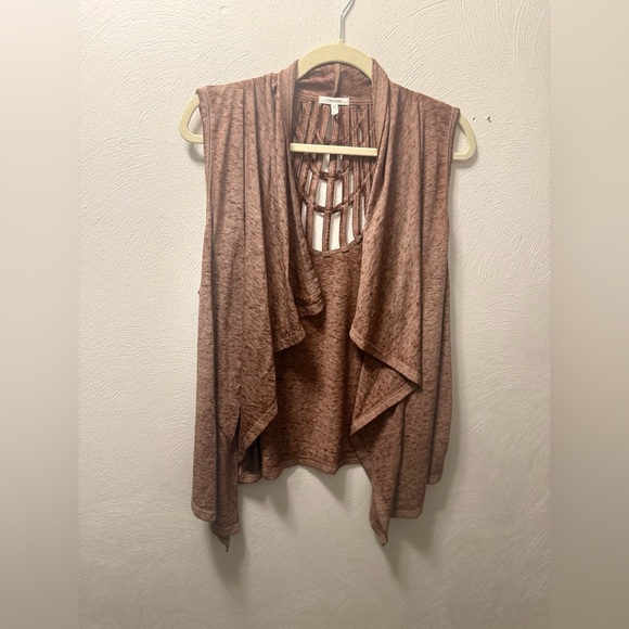 Maurices Brown Open Front Waterfall Vest Strappy Back Size L Y2K Boho Hippie - Picture 2 of 5